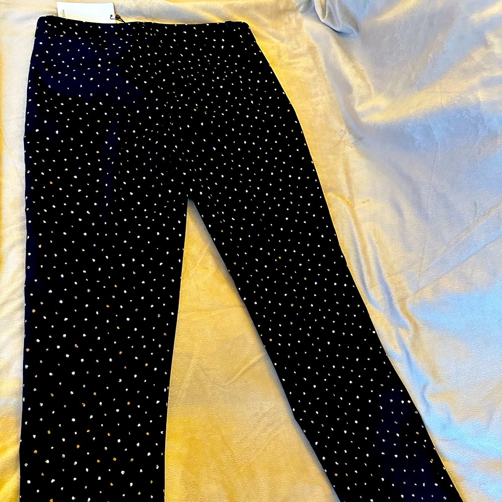 MNG suit pants- slim ankle length EUR36. Black w/ tan and cream dots. Polyester.